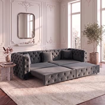 89" 4-Seater Queen Size Pull Out Sofa Bed with 3 Pillows, Gray