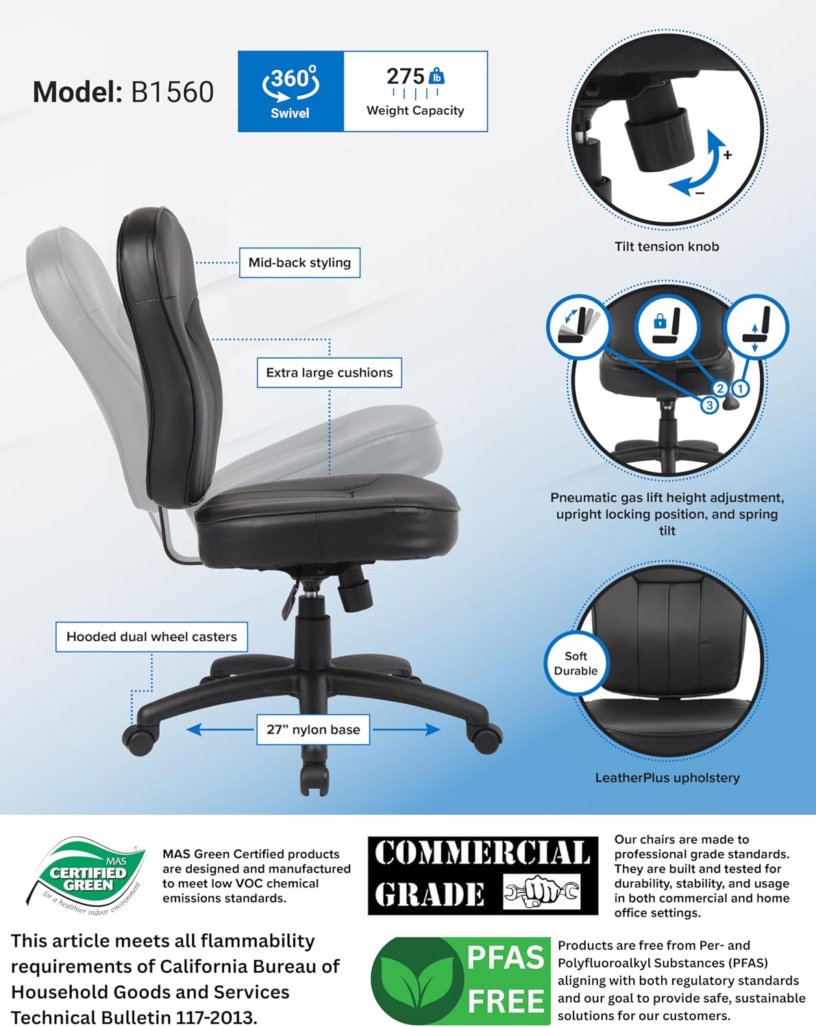Boss Office Products Leather Adjustable Task Chair Without Arms, Black, B563 image 3