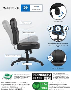 Boss Office Products Leather Adjustable Task Chair Without Arms, Black, B563