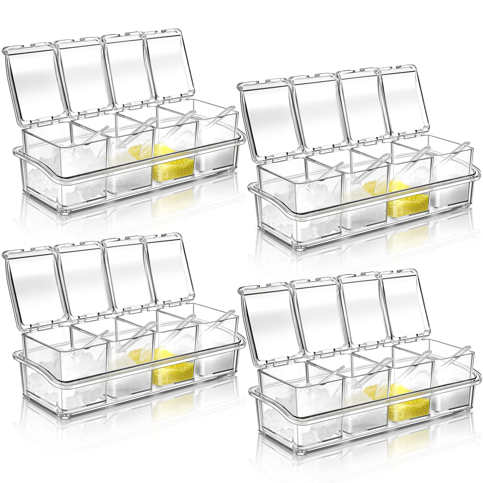 Bokon 4 Set Acrylic Seasoning Box with Spoons, 16 Compartments Clear Spice Organizer, Kitchen Condiment Containers with Lids for Salt, Sugar, Candy