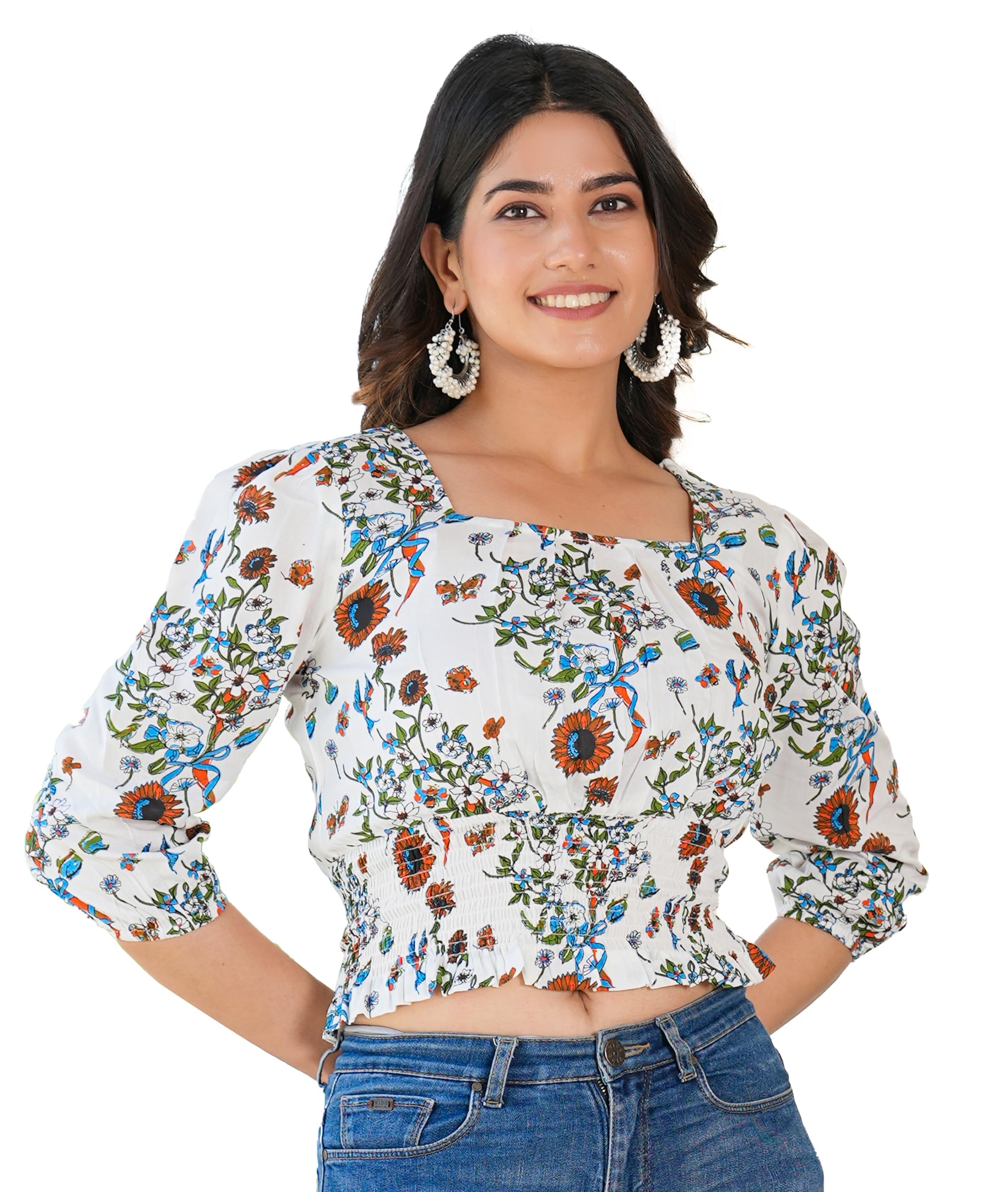yash gallery Women's Rayon Regular Fit Floral Printed Square Neck Puff Sleeve Top-picture-11