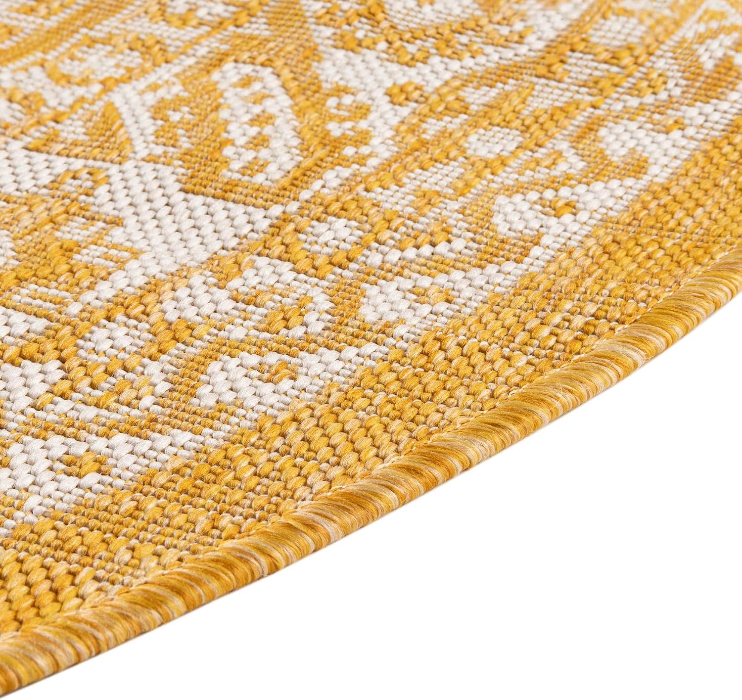 Rugs.com Outdoor Aztec Collection Rug – 3 Ft Round Yellow Flatweave Rug Perfect for Kitchens, Dining Rooms
