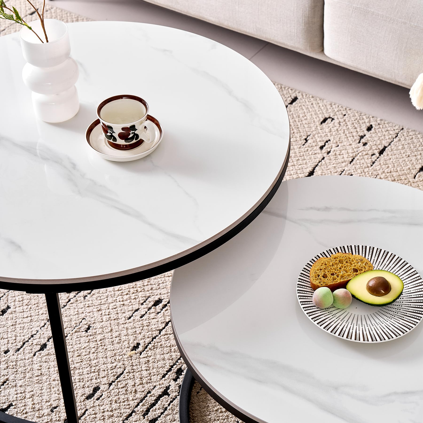 Lot de 2 Tables Basses Gigognes Ronde avec Plateau en Céramique Technique (Non en MDF),Tables D'Appoint Idéal pour Salon, Chambre, Balcon (Blanc+Noir), 50+70cm