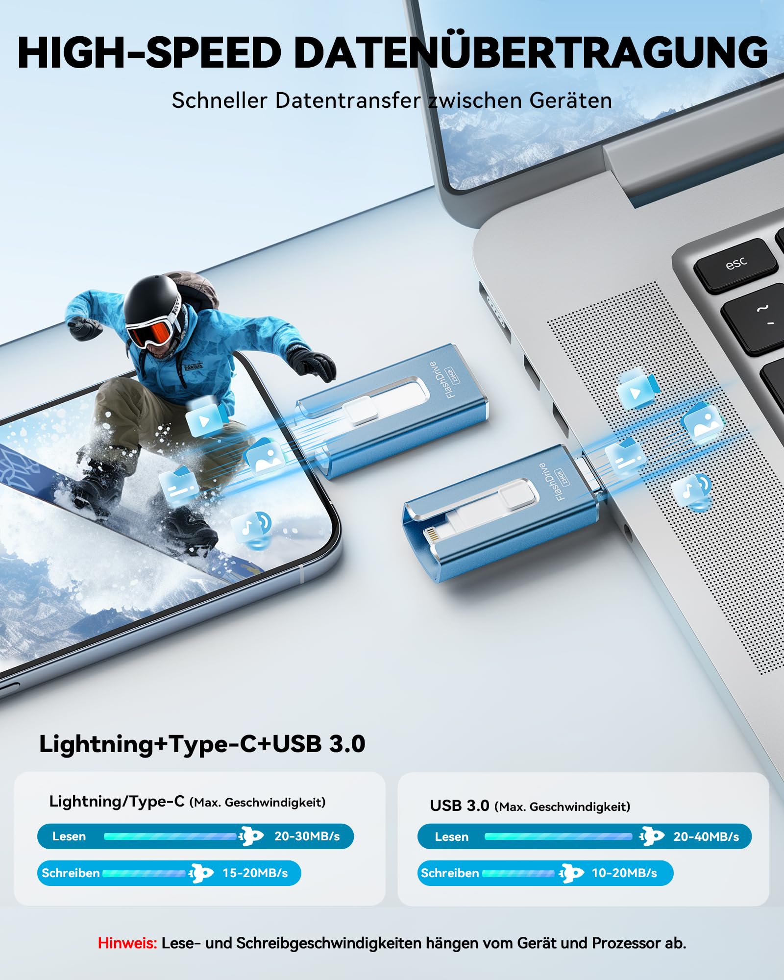 SUDEHO USB Stick 256 GB für iPhone, MFi-zertifizierter 4-in-1 Speicherstick für iPhone/iPad/Android/PC, Flash-Laufwerk mit Plug-and-Play Backup für Fotos & Videos, schnelle Übertragung, Aschblau