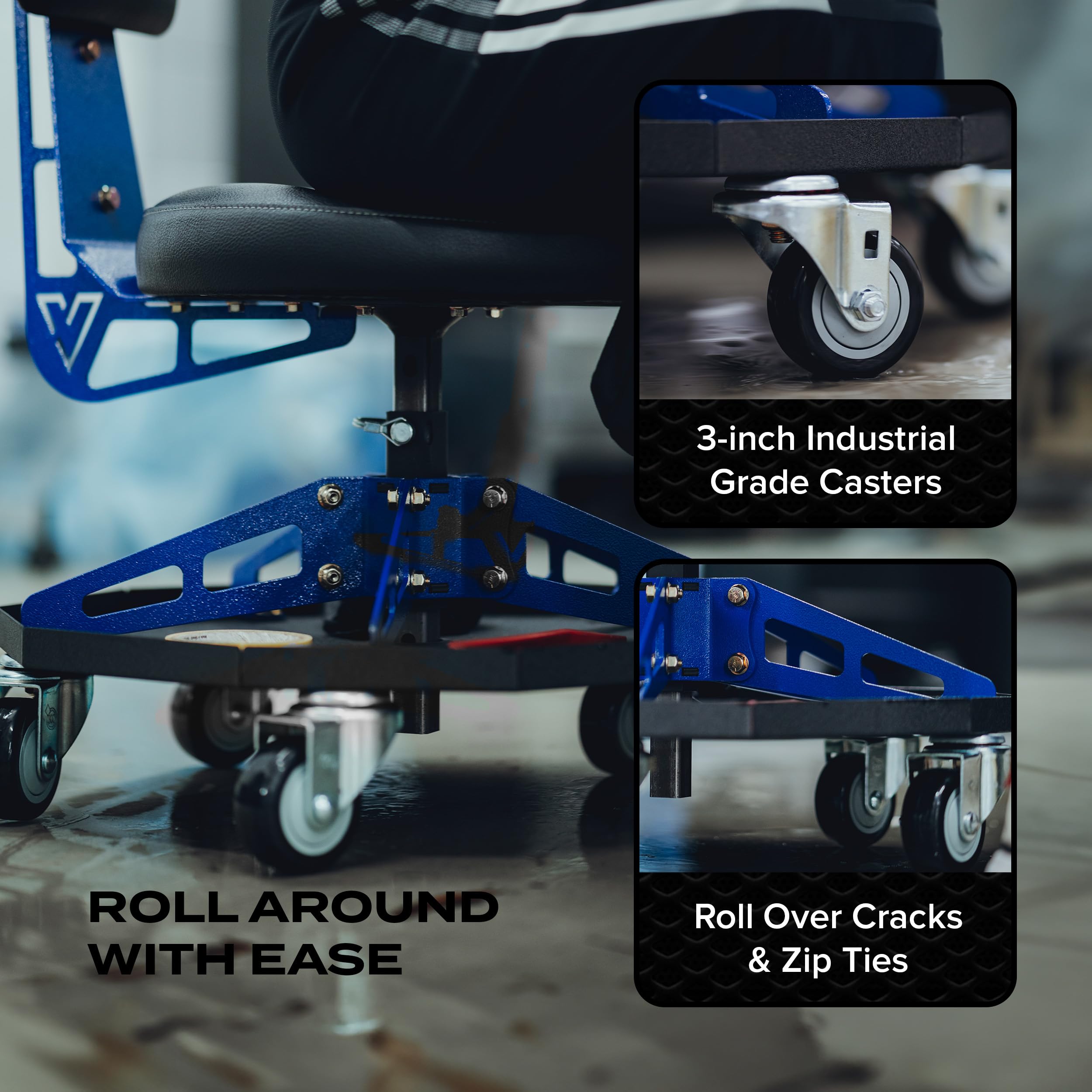 Vyper - Silla deportiva de acero robusta para mecánica, automoción, bricolaje, taburete de garaje de capacidad de 300 libras con respaldo y ruedas grandes (asiento negro, marco azul)