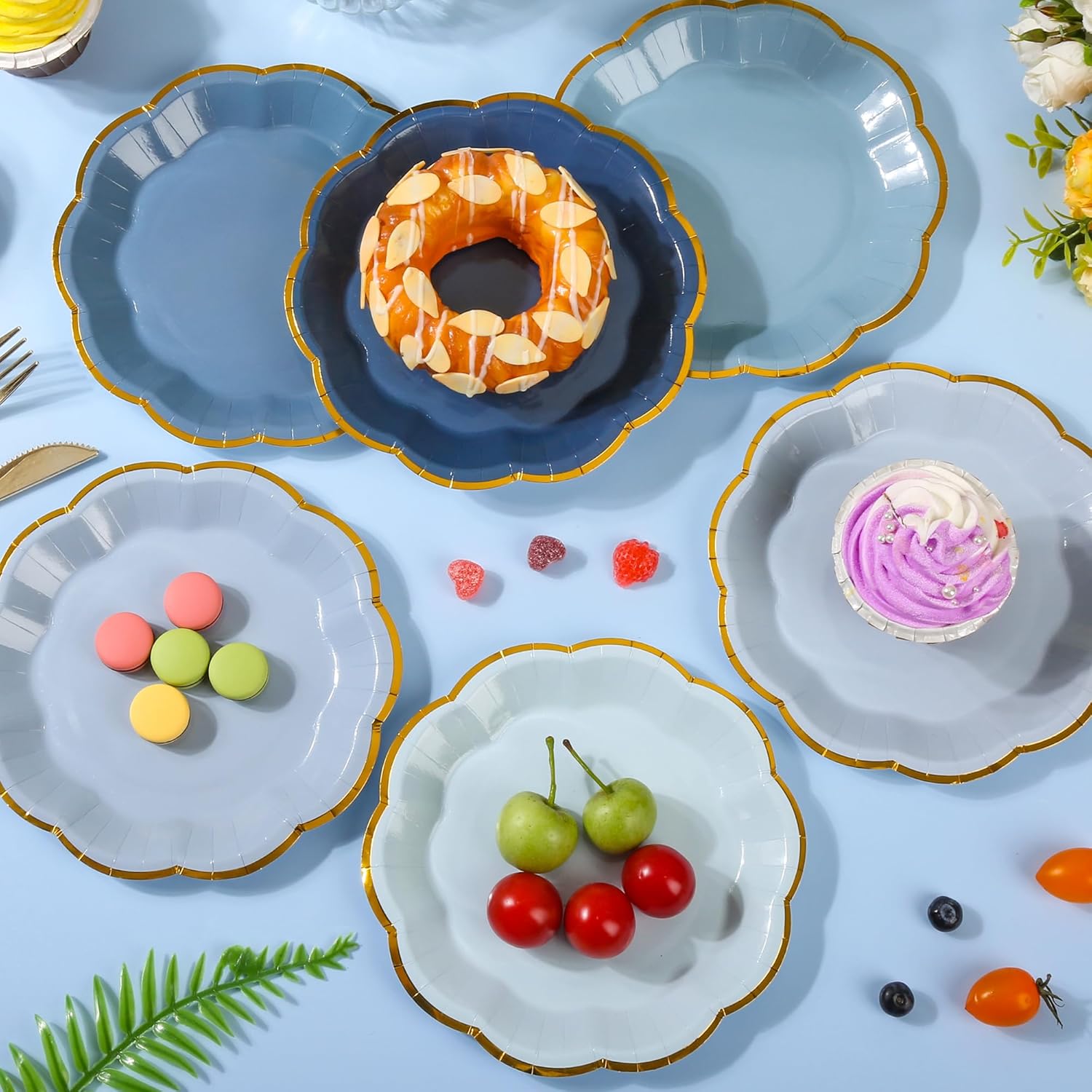 48 Pcs Dusty Blue Scalloped Party Plates - 7 Inch Gradient Blue Dessert Paper Plates with Gold Foil Disposable Cake Plate Decorative Dinner Serving Plate for Baby Shower Wedding Bridal Shower - Image 2