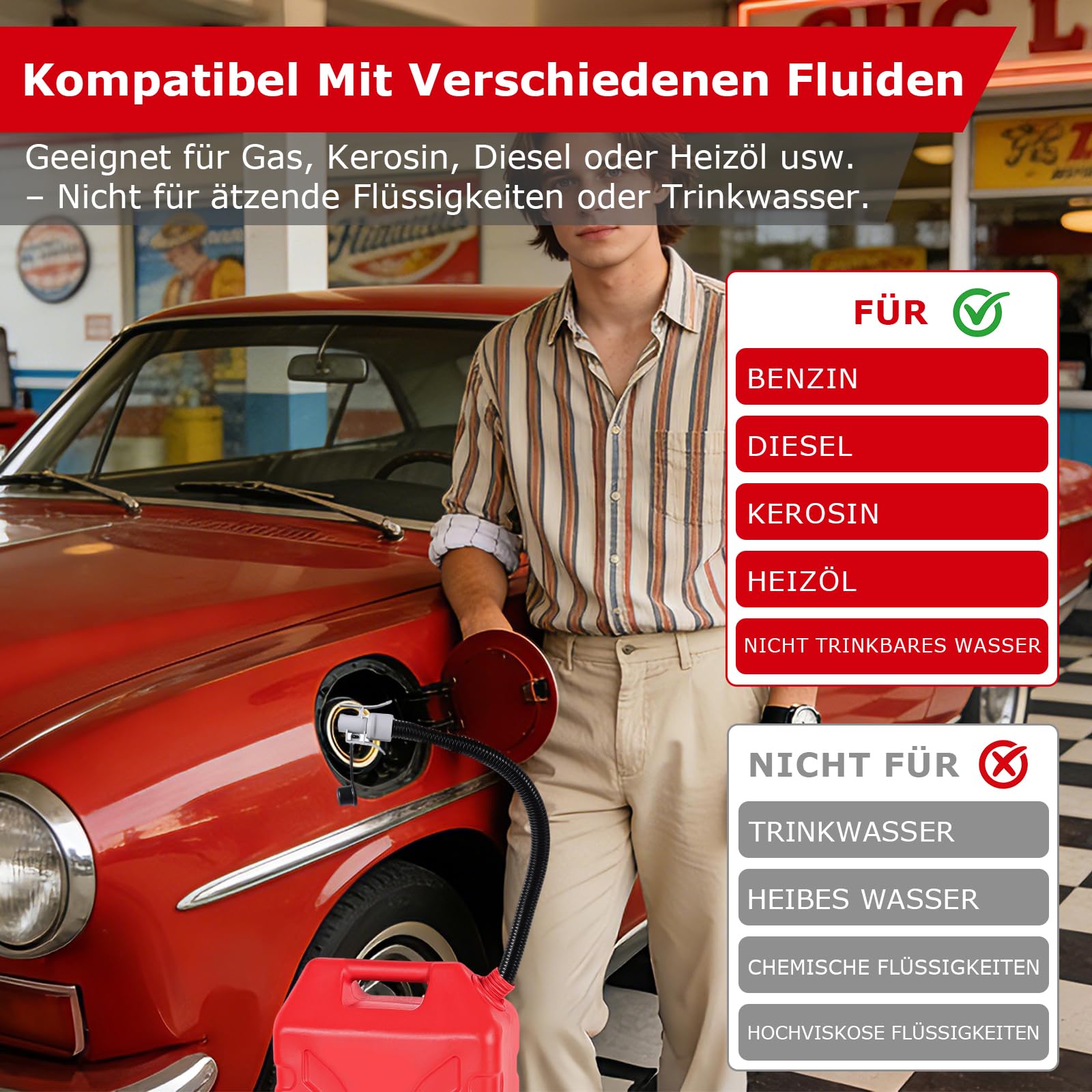 innhom Kraftstoffpumpe Elektrisch, Effiziente und sichere Benzinpumpe Für Kanister Kanisterpumpe mit Überlaufschutzsensor - mit 4 Größenadaptern Schlauch 2.8 GPM für Traktor Generator (Rot)