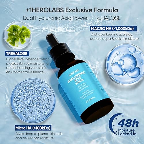 Miniatura 3 de +1Herolabs Suero de ácido hialurónico para cara con vitamina B5, C, E y niacinamida, suero facial hidratante y voluminoso para piel sensible, sin