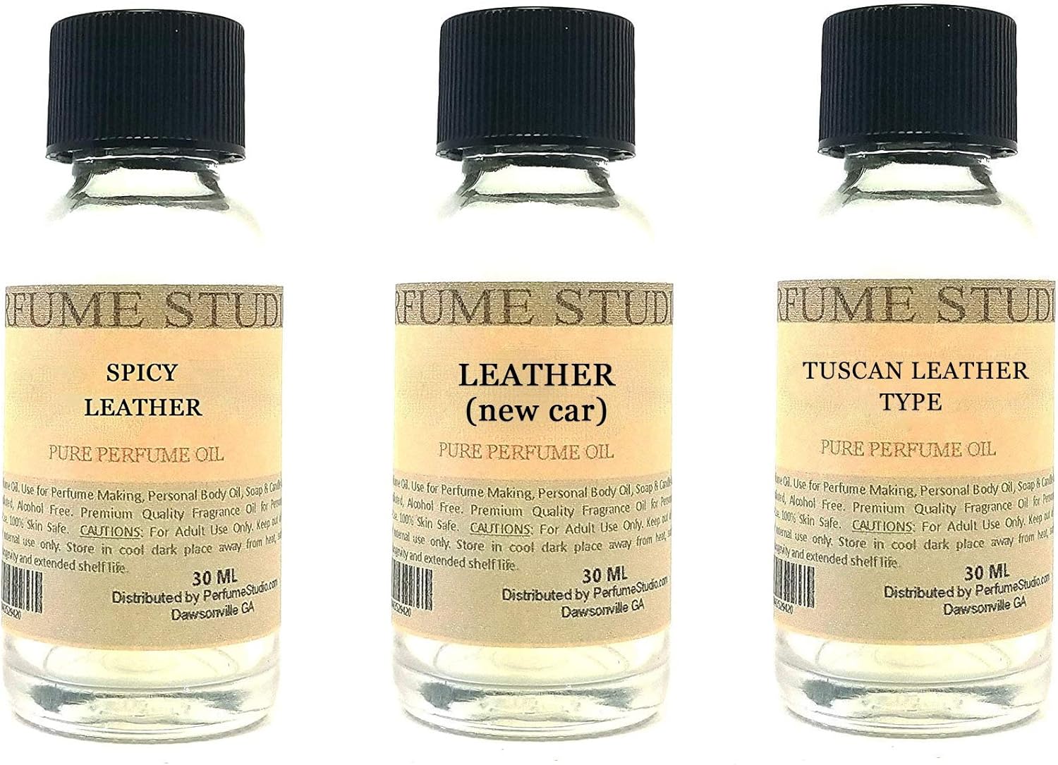 Perfume Making Oils Fragrance Oil Set 3-Pk 1oz Each for Making Soaps, Candles, Bath Bombs, Lotions, Room Sprays, Colognes (Leather Woody, Spicy Leather, New Car Leather, Tuscan Leather)