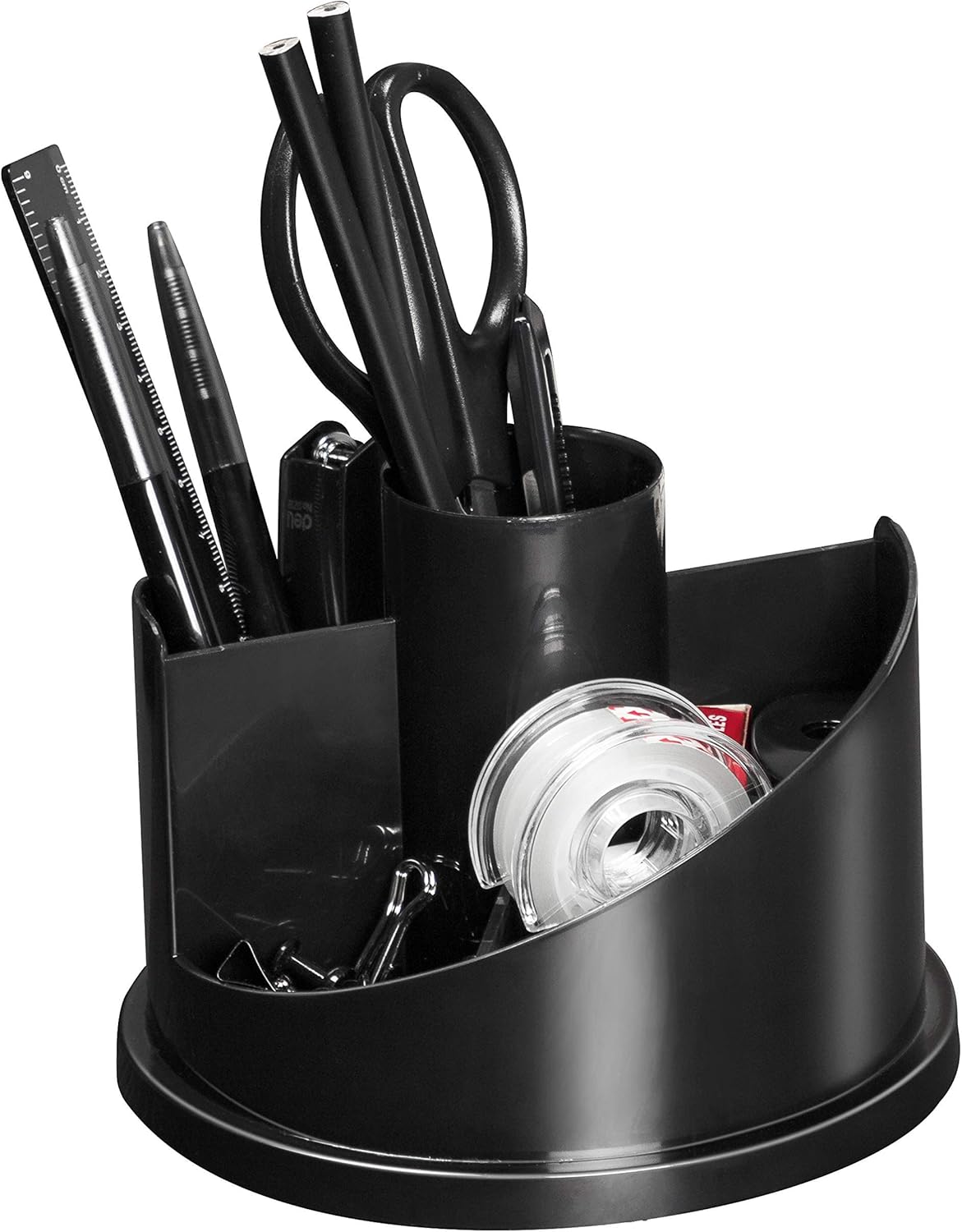 Rotating Desk Organizer Office Supplies Caddy Gift Set Come with Tape Dispenser, Pens, Stapler, Binder Clips, Sharpener, Scissor, Eraser, Black : Office Products