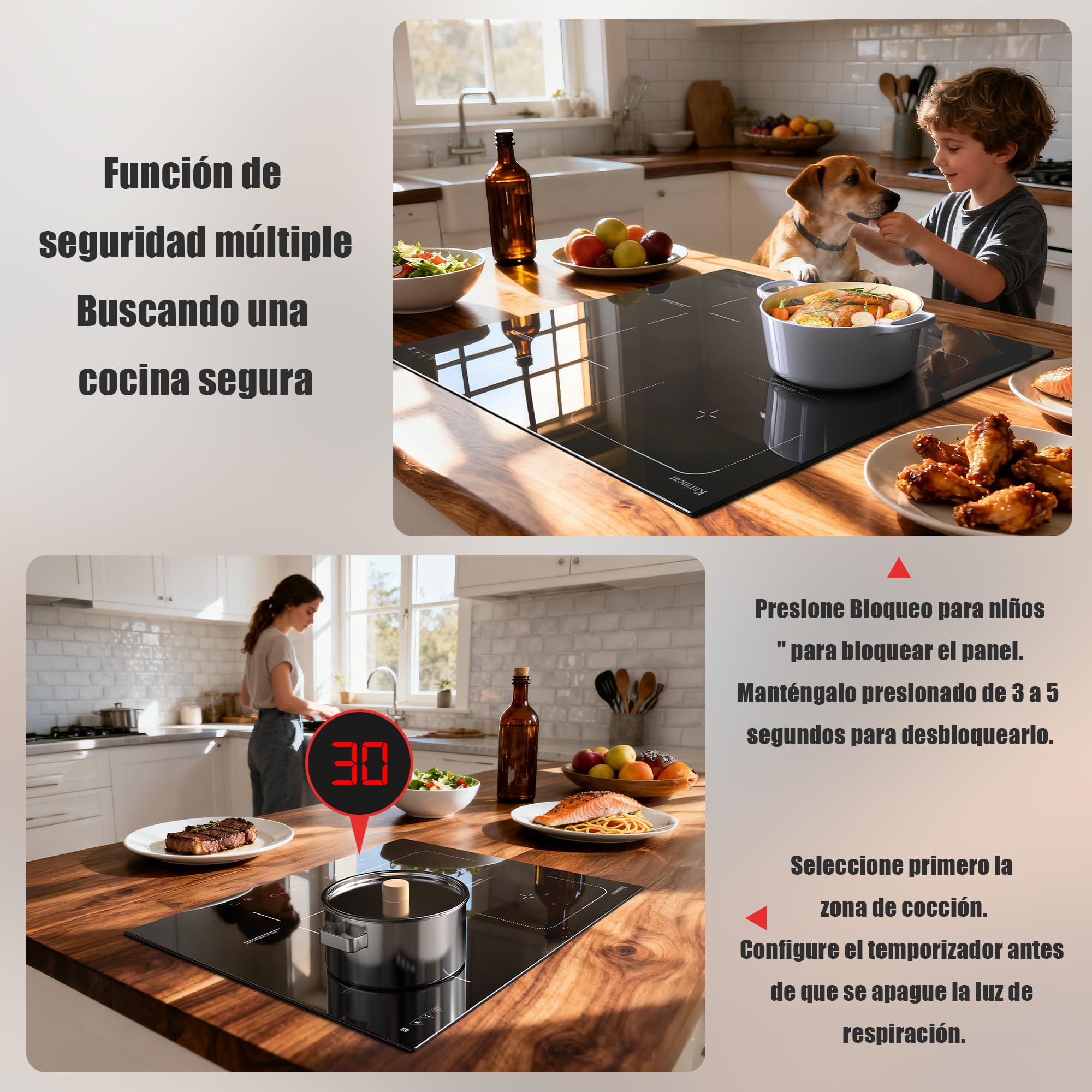 Placa Inducción 4 Fuegos con Zona Flexible, Empotrable 60CM, 7200W Karinear | sin Enchufe, Función «Boost», temporizador, bloqueo de seguridad para niños
