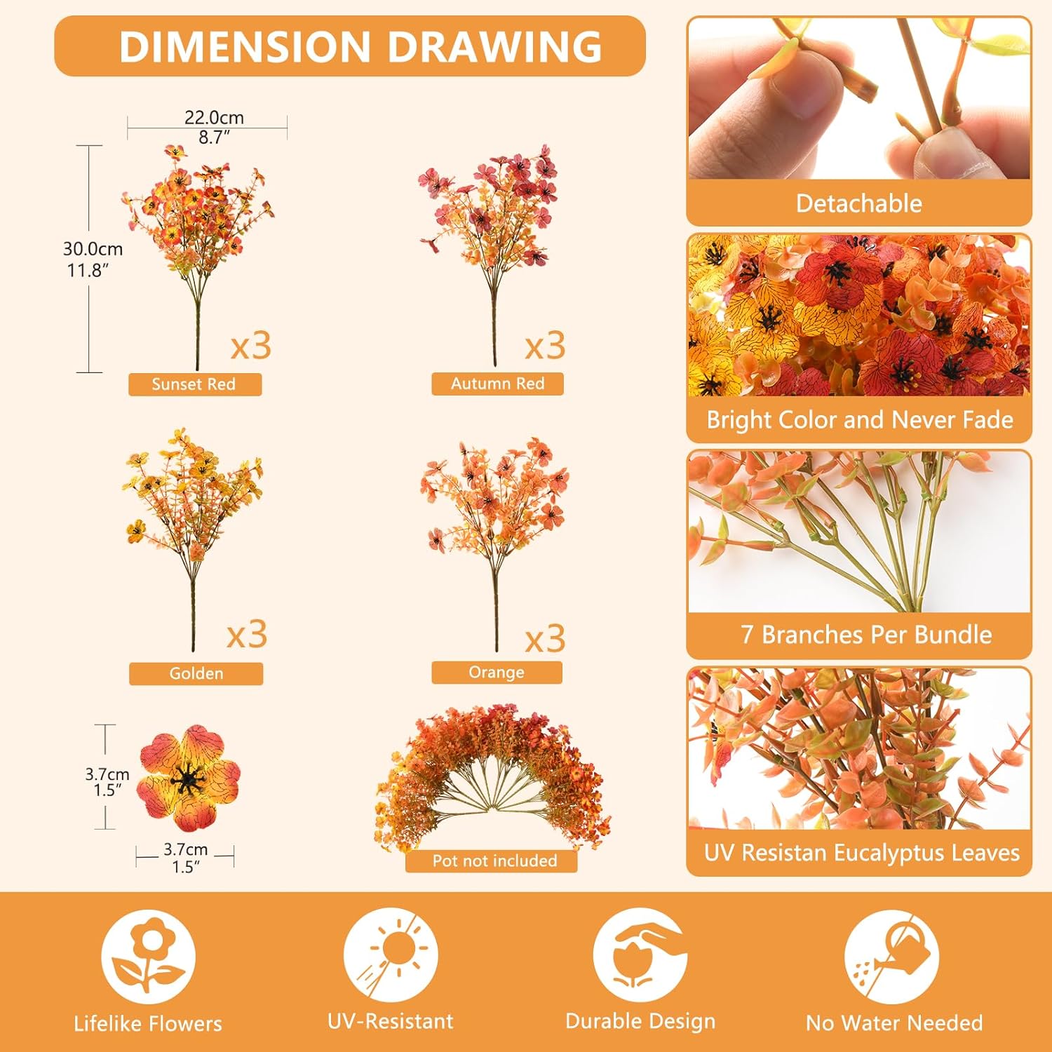 Artificial Fall Flowers for Outdoor, 12 Bundles 4 Colors Faux Mums Fake Fall Plants for Decoration, UV Resistant No Fade Silk Plastic Flower for Autumn Porch Patio Planters Windowbox Yard Garden - Image 2