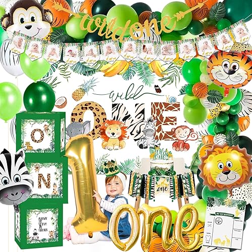 Decoraciones de cumpleaños de Wild One, suministros de fiesta temática de selva para primer cumpleaños, arco de guirnalda de globos, pancarta para