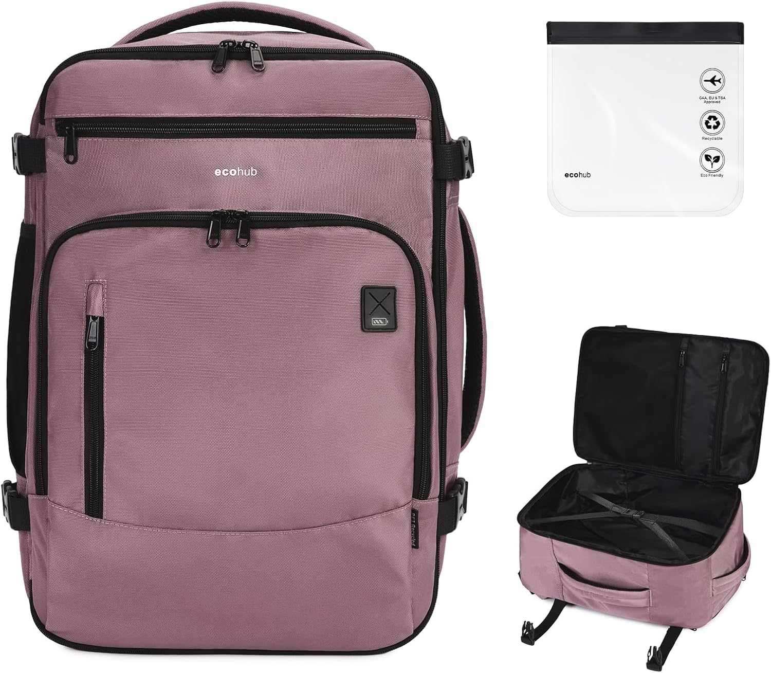 ECOHUB Easyjet Cabin Bag 45x36x20 Underseat Bag with Clear Toiletry Bag Travel Backpack Large Front Organizational Pocket Hand Luggage Recycled PET Eco Friendly Carry On Bag for Women & Men 30L Pink