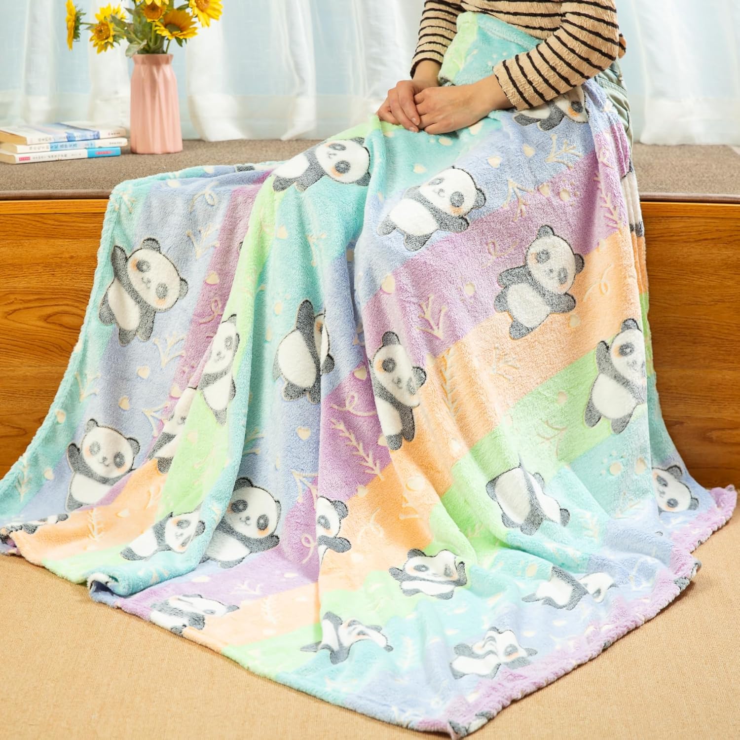 Glow in The Dark Panda Pattern Flannel Blanket - Super Soft Rainbow Cozy Throw for Girls Kids Teens, Lightweight, Cute Bedding for Home Bedroom Sofa Couch Gift for Pandas Lover 50x60 Inches - Image 2