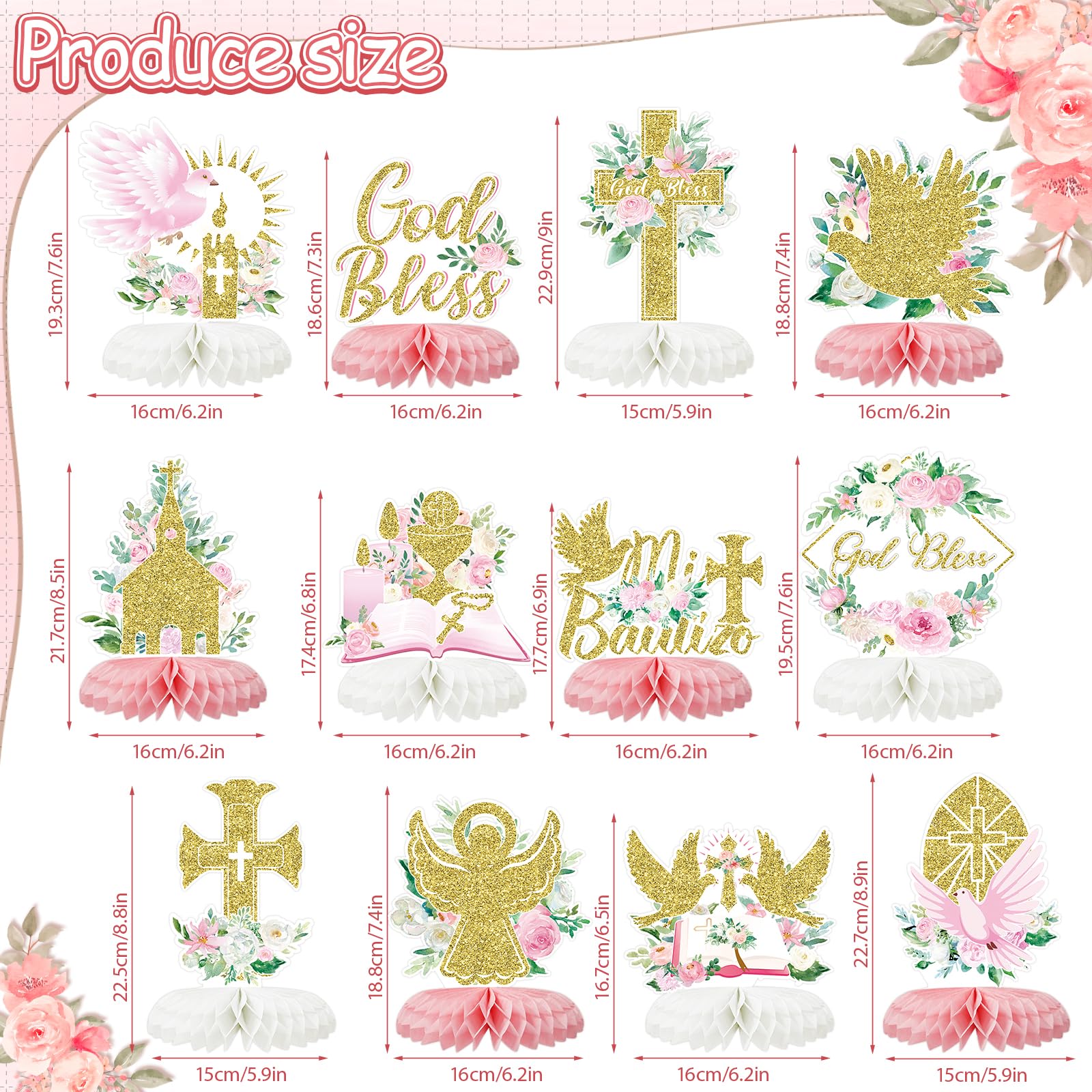 12Pcs Baptism Honeycomb Centerpieces Party Decor,Pink God Bless Cross Religious Baptism Table Centerpieces for Baby Shower First Communion Birthday Party Decorations (pink god)