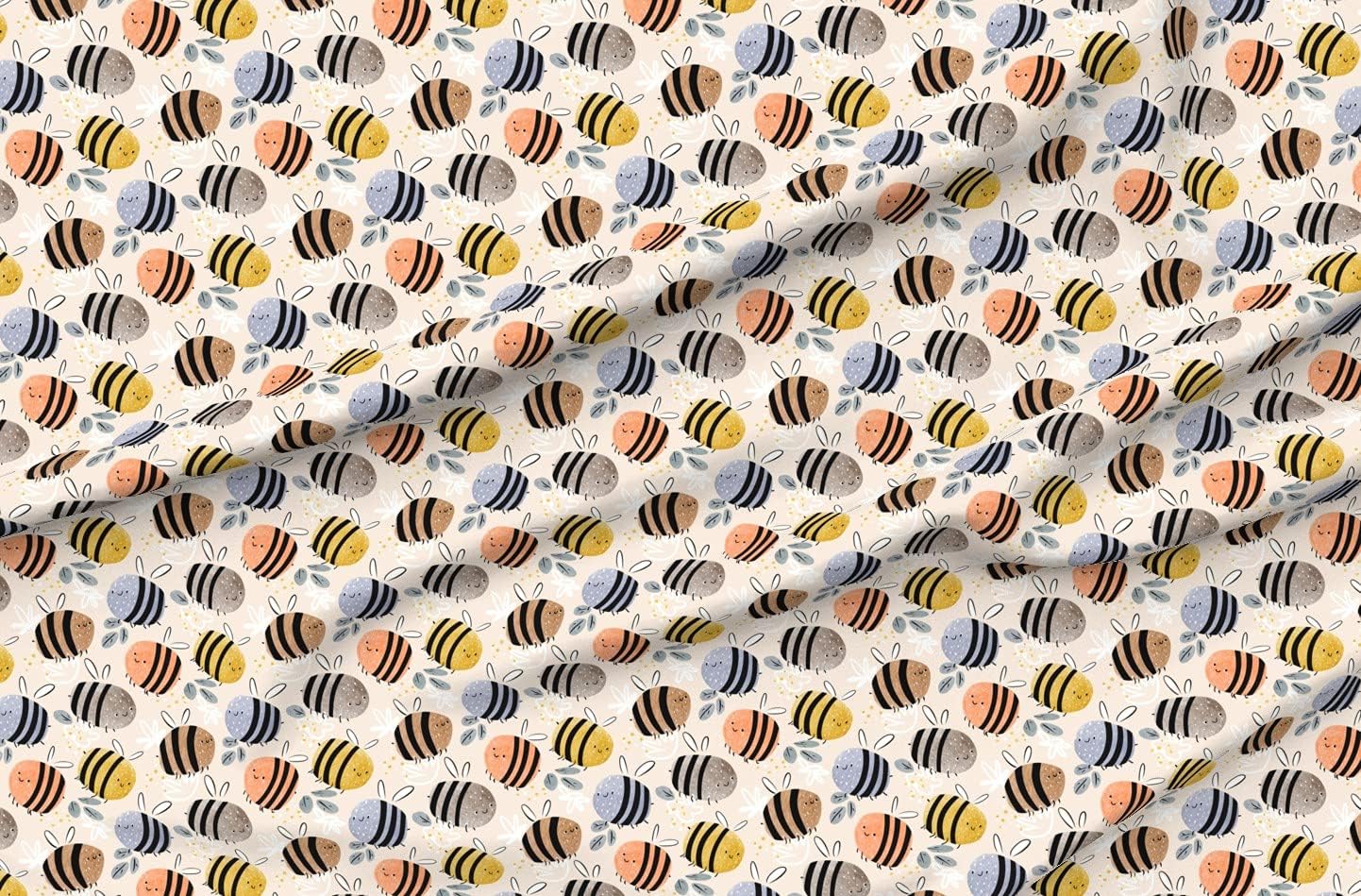 Spoonflower Fabric - Watercolor Bees Pattern Painted Children Nursery Neutral Pastel Bugs Printed on Organic Cotton Sateen Fabric by The Yard - Sewing Quilting Apparel Home Decor