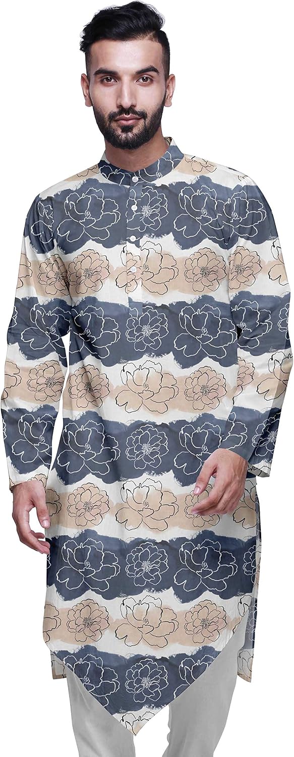 Atasi Cotton Flex Mens Kurta Printed Chinese Collar Mens Long Kurta Shirt