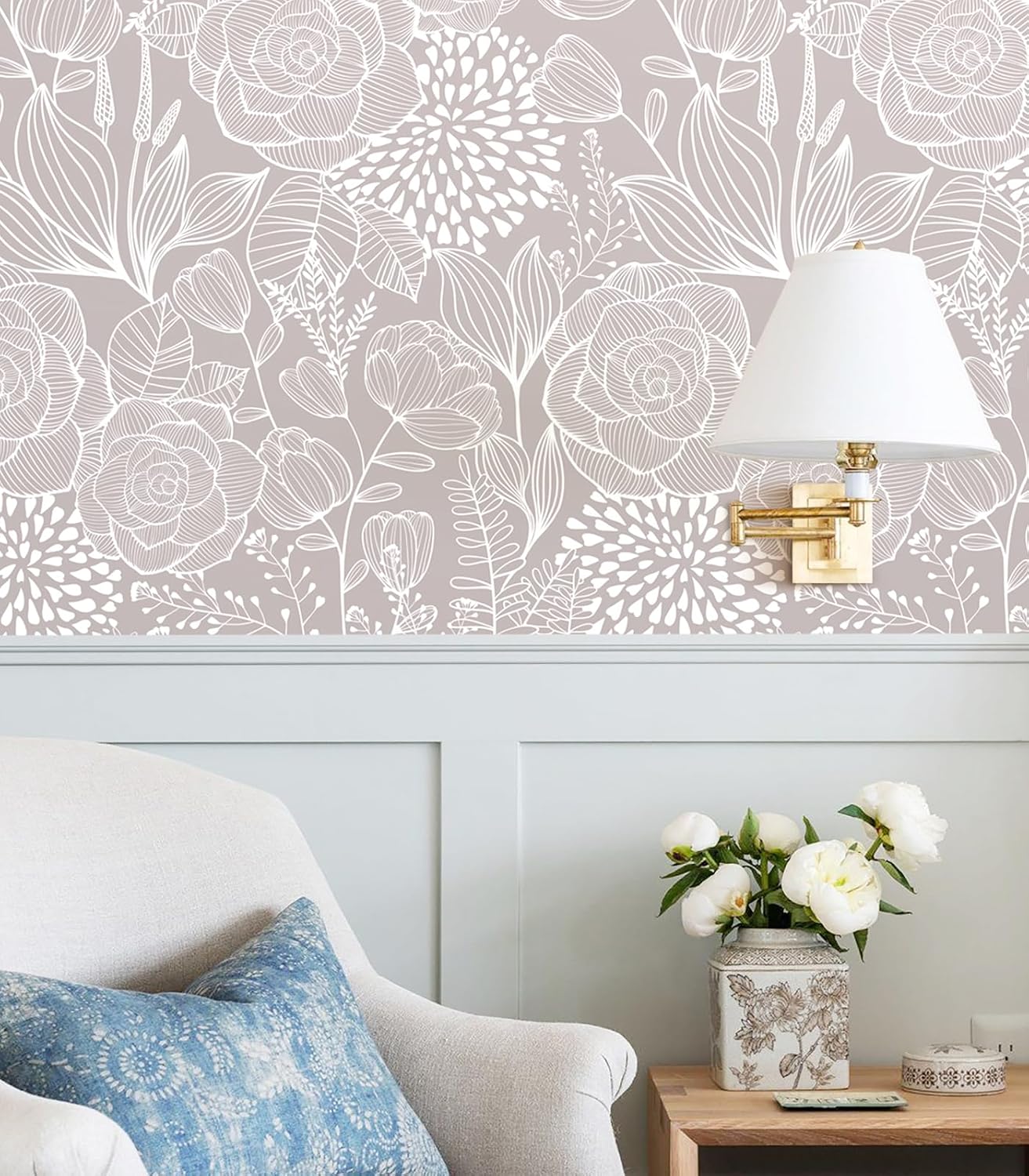 Wudnaye Grey and White Peel and Stick Wallpaper Floral Contact Paper 17" x 196.8" Boho Floral Self Adhesive Wallpaper for Bathroom Modern Neutral Removable Wall Paper for Cabinets Vinyl Decorative