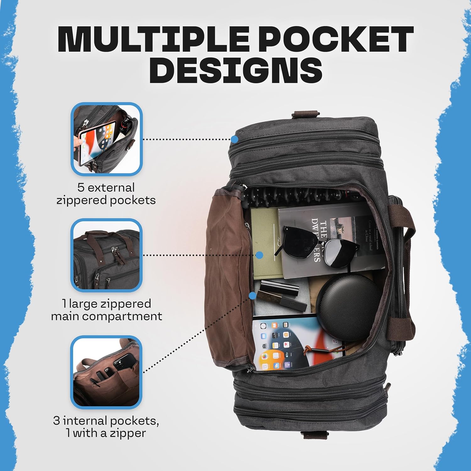 Duffle Bag for Travel (Black) 20–23” Expandable (40L) – Lightweight Water-Resistant Carry On Weekender with Multiple Pockets & Shoulder Strap – Airline Approved Travel Duffel Bags for Men & Women - Image 3