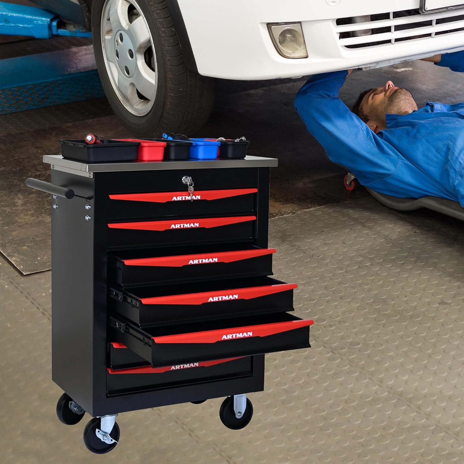 7 Drawers Rolling Tool Box on Wheels, Stainless Steel Countertop Tool Chest Cabinet with Lock, Drawers Rolling Tool Cart Trolley Organizer Tool Case for Garage,Warehouse (Black&Red)