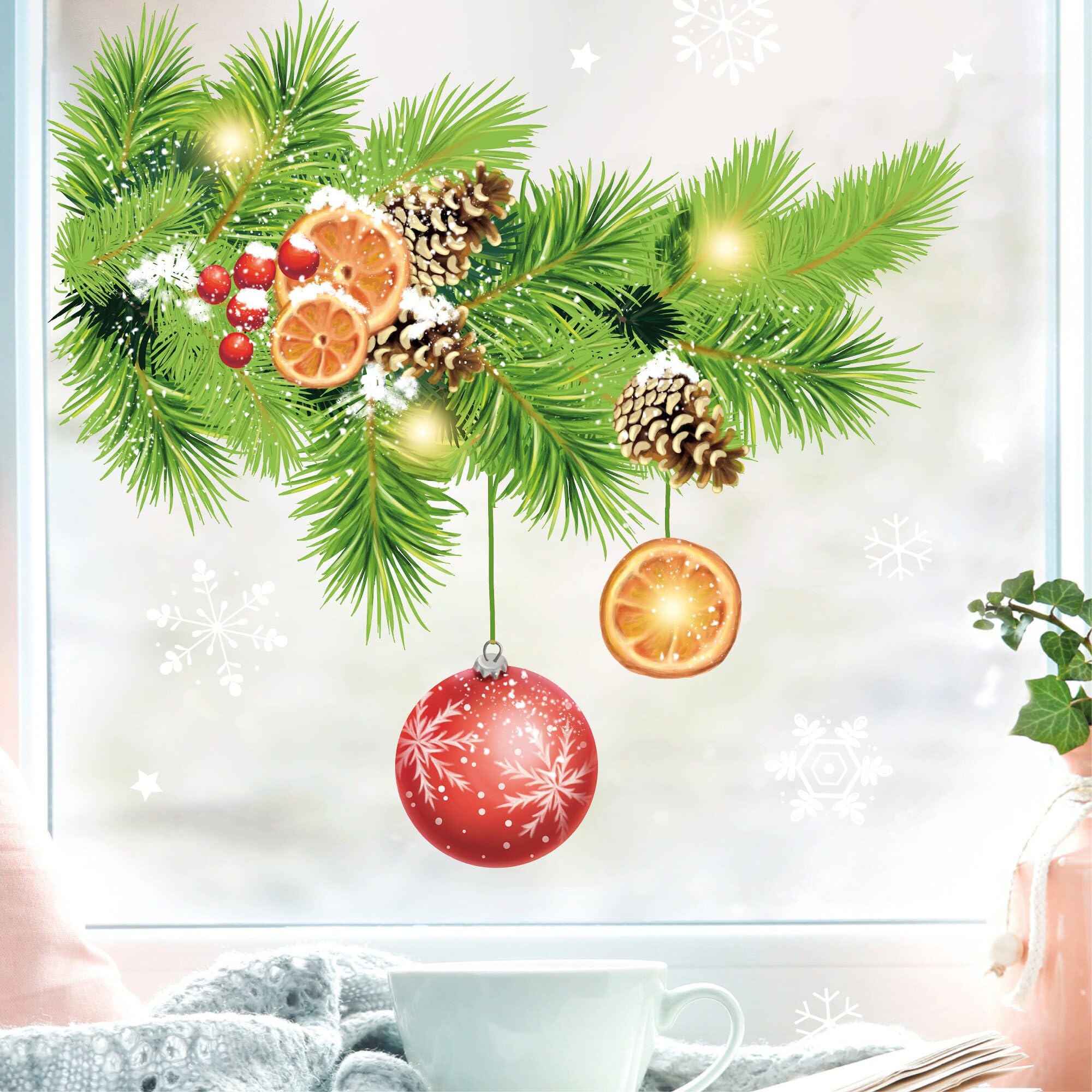 Wiederverwendbarer Fensteraufkleber Weihnachtskranz – A4, Mit Fuchs, Sternen, Tannengrün, Statisch Haftend