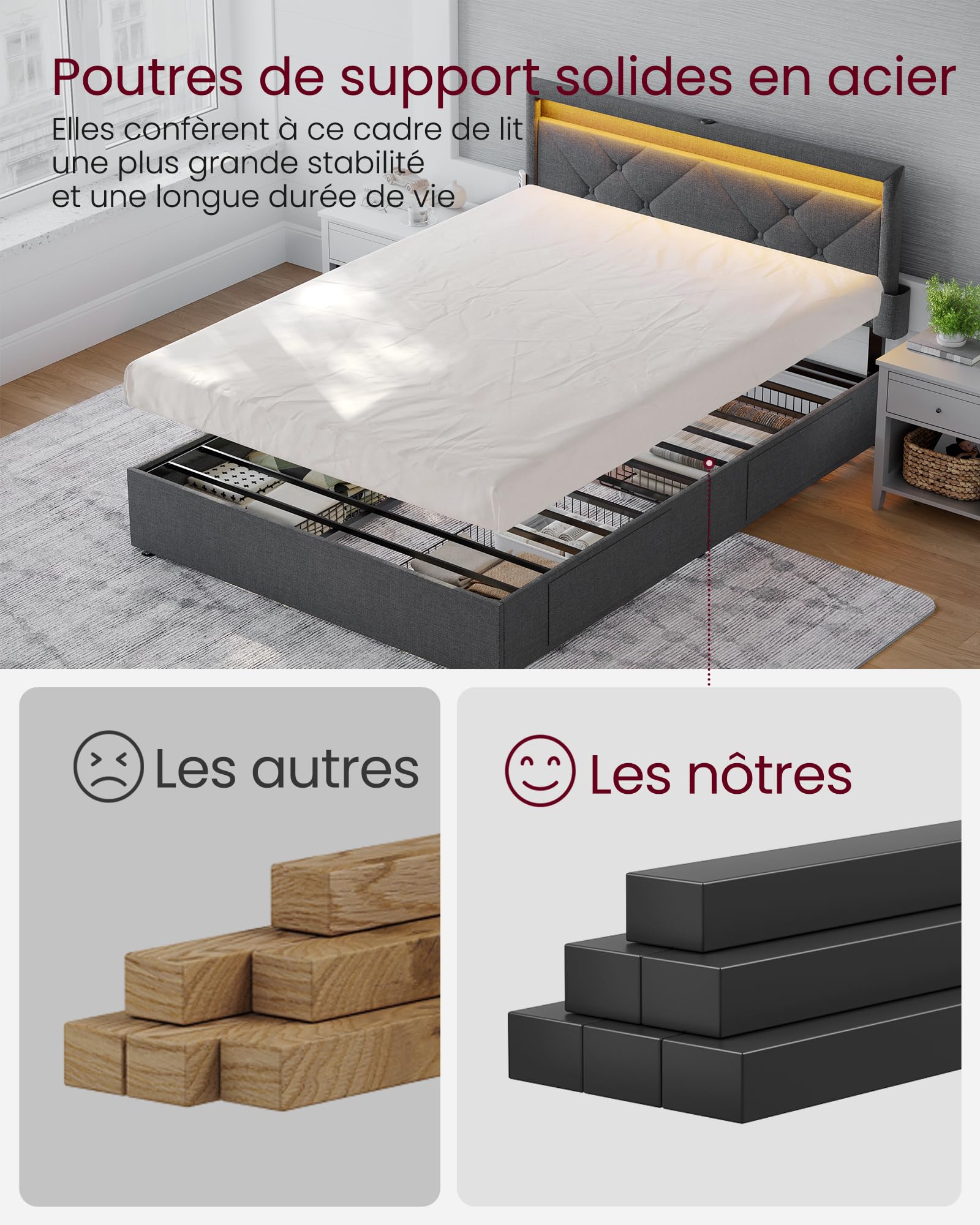 VASAGLE Lit Double, 140 x 190 cm, avec LED, en Métal, 4 Tiroirs, Multiprise, Tête de Lit Rembourrée Ajustable, Pas Besoin de Sommier, Gris Ardoise et Noir Mat RMB826G02