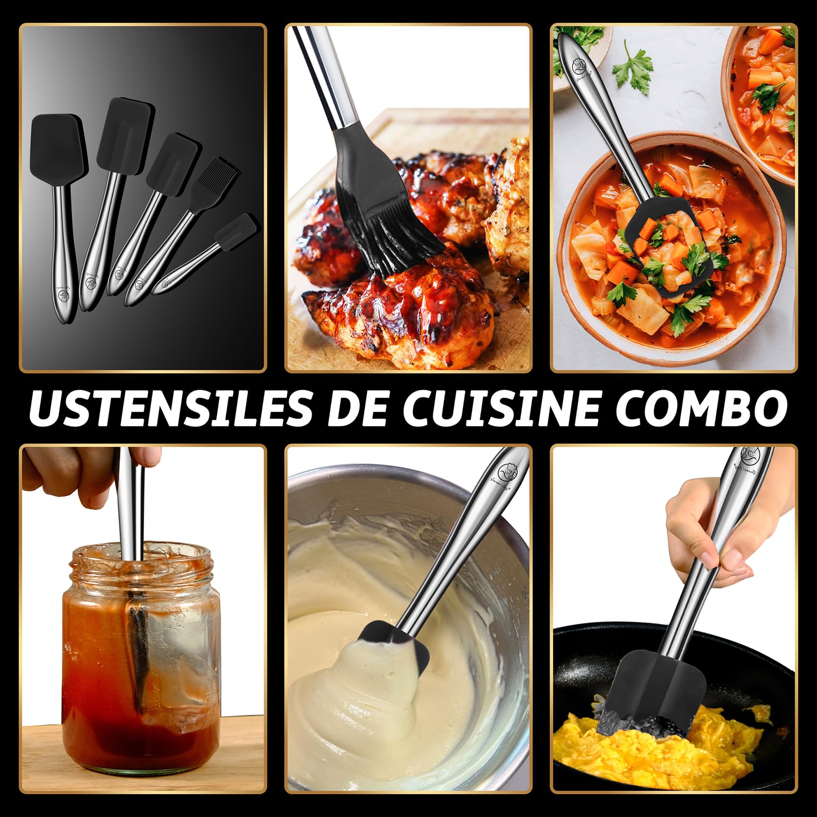 Gourmet Easy Set de 5 Spatules Silicone Inox, Résistant Chaleur (Black) | Spatule, cuillère en silicone et pinceau de cuisine, idéal pour ustensiles antiadhésifs.