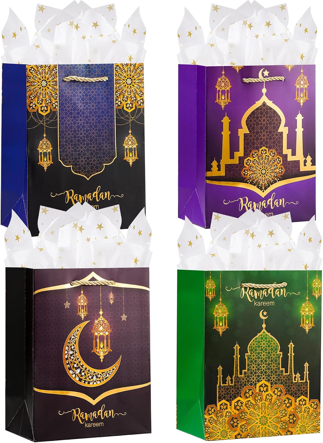 Enfoldia 4Pcs 9" Medium Ramadan kareen Gift Bags with Handles Gold Star Tissue Paper Ramadan Kareem Party Favor Bags Eid Mubarak Party Goodie Gift Treat Bags Reusable Paper Bags Islam Party Decorations