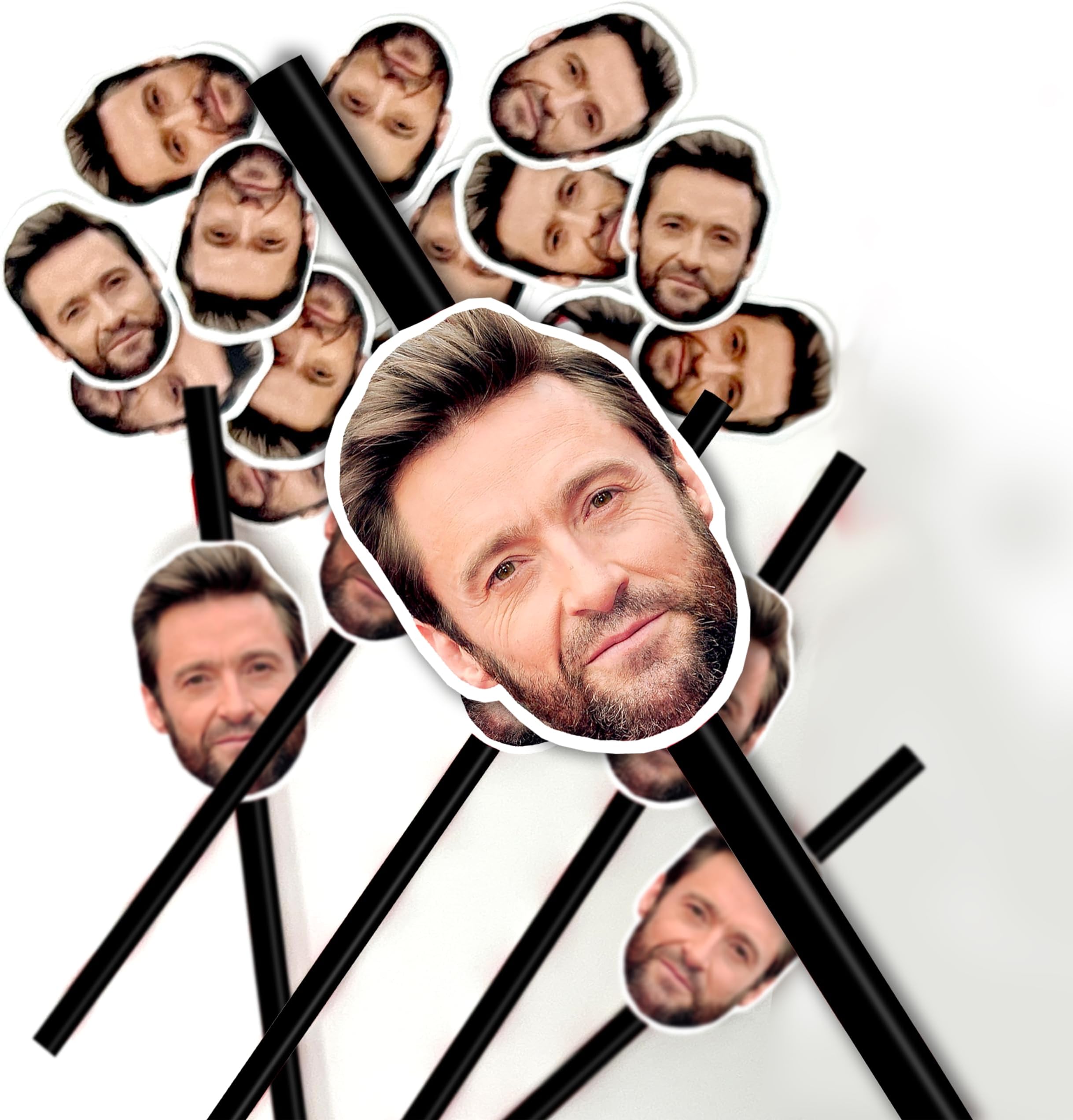 20 Personalised Face Straws - Custom Cut-Out Photos of face of Your Choice, Complete with fixings for You to Attach - Fun for Hen Party, stag do, Birthday etc (20 Straws) - Black