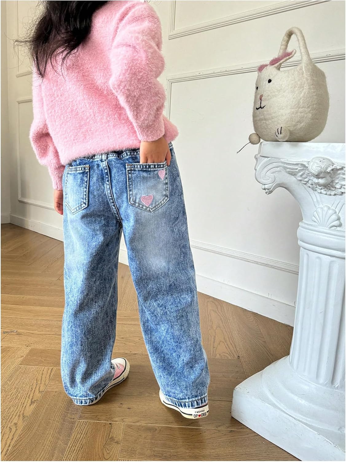 GORGLITTER Girl's Baggy Jeans Denim High Waisted Heart Graphic Print Straight Wide Leg Cargo Joggers Pants
