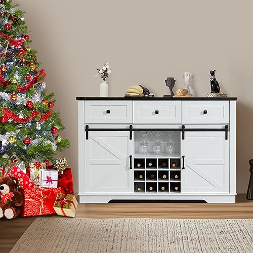 Miniatura 9 de Armario de bar de vino de granja, aparador de bufé de cocina, mesa de café con puertas corredizas de granero, gabinete grande de licor de 54