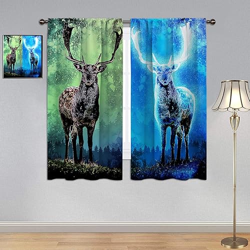 GY Cortinas opacas de ciervo, cortinas personalizadas con ciervos psicodélicos de bosque con cuernos brillantes, cortina de ventana de tela de disponible en Yaxa Peru