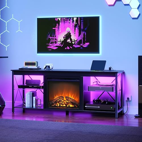 HOOBRO Fireplace TV Stand with Charging Station and LED Lights, TV Stand with Fireplace for TVs up to 65", Entertainment Center with Fireplace, Glass Shelves, Black BB140UDDS01
