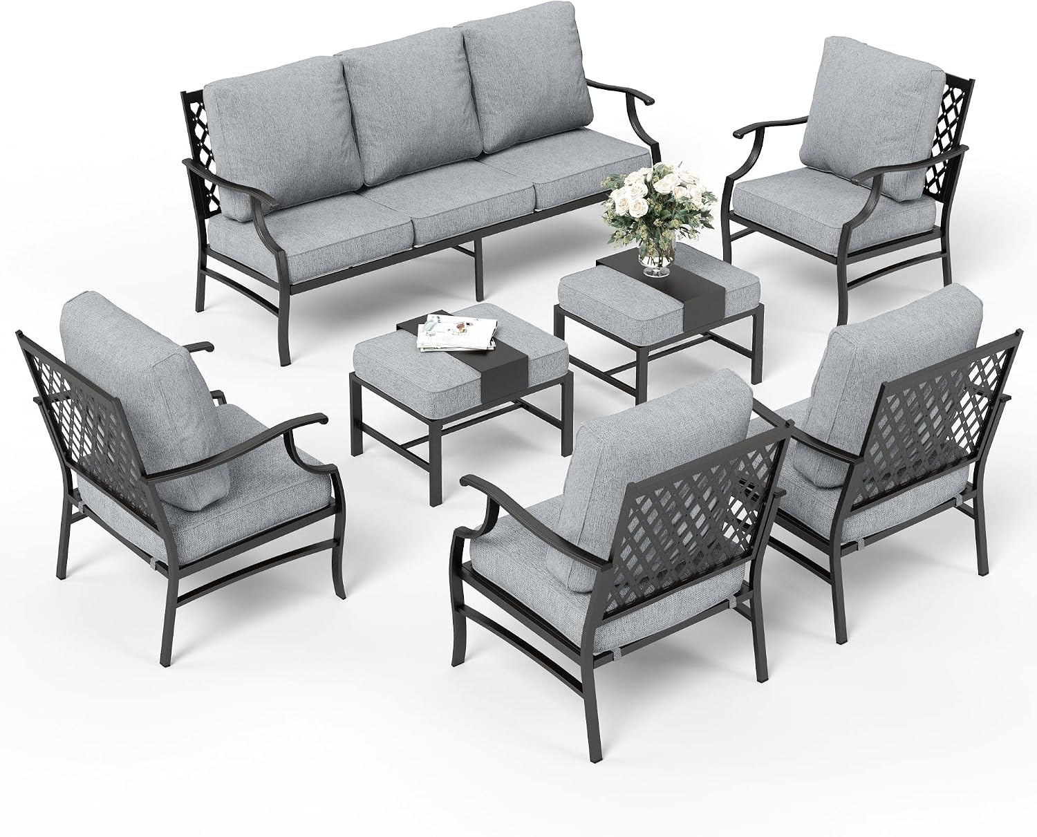 SUNSHINE VALLEY 7 Piece Metal Outdoor Patio Furniture Set, Patio Conversation Sets 1 3-seater Sofa, 4 Fixed Chair, 2 Ottomans with 5.75" Thick Cushion, Black All-weather Frame Backyard Furniture, Gray