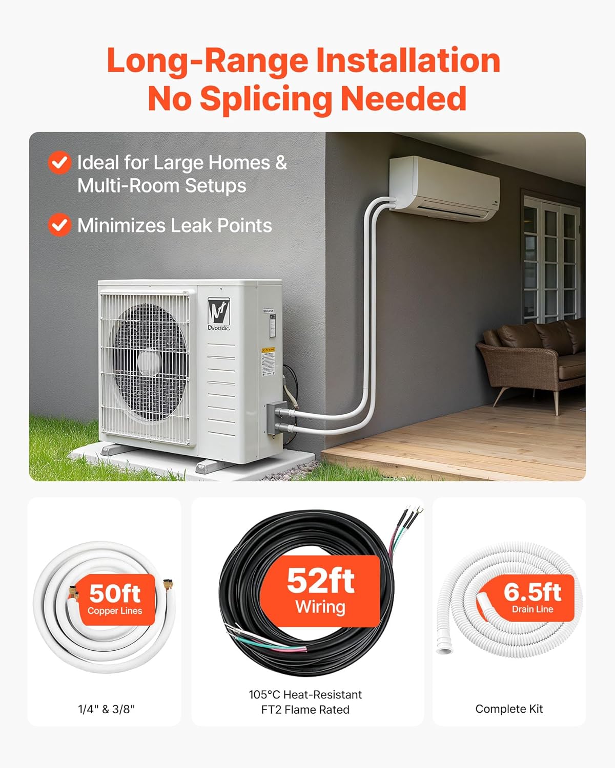 VEVOR 50ft Mini Split Line Set, 1/4” & 3/8” OD AC Copper Tubing Pipe, 3/8 White PE Thickened Insulated Coil with Flared Nuts, Rich Fittings, for Mini Split Air Conditioner HVAC or Heat Pump System