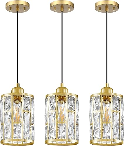 Paquete de 3 colgantes de isla de cocina con pantalla de cristal de 5.4 pulgadas, acabado dorado claro, moderno con pantalla de metal de cristal