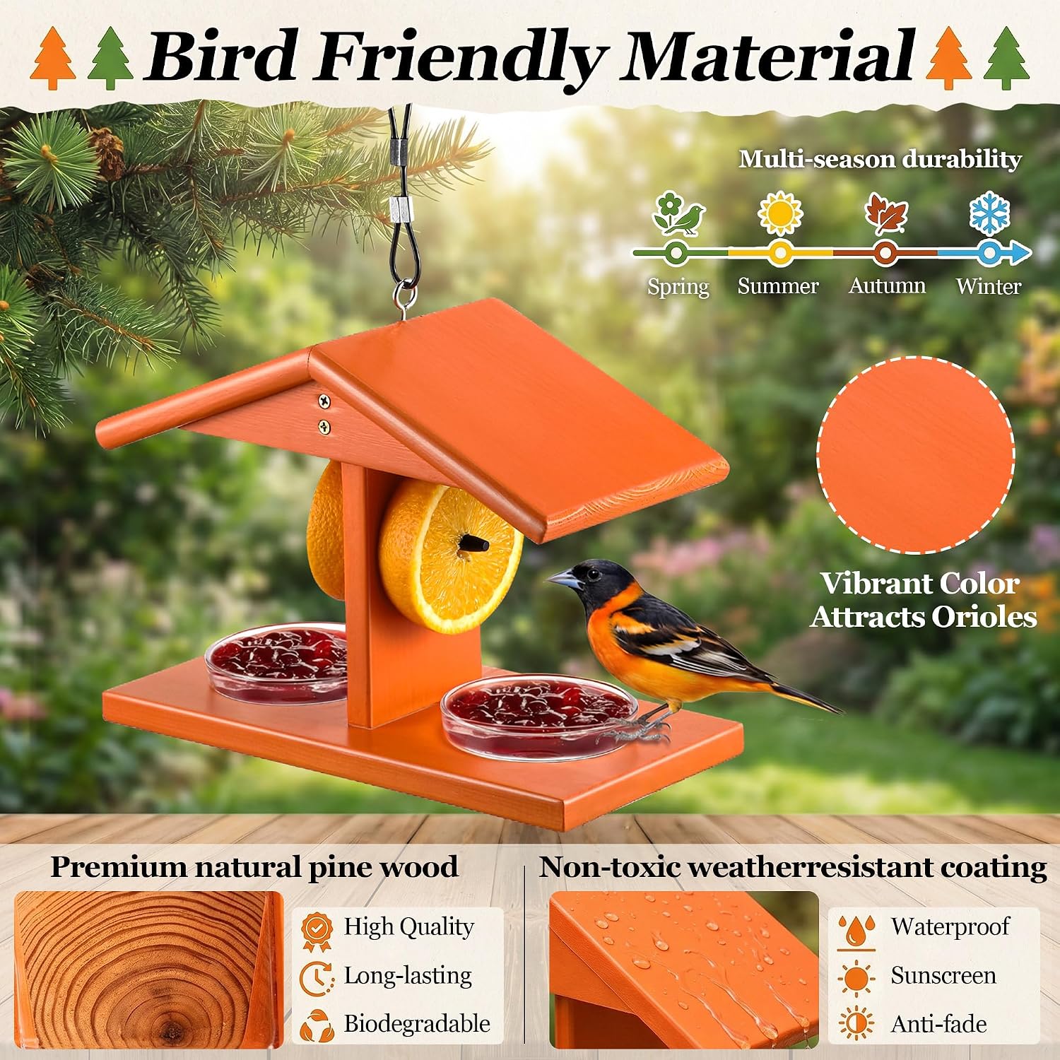 Oriole Bird Feeder with Ant Moat, Double Cup Jelly Oriole Feeder with Pegs for Orange Halves, Hanging Bird Feeding for Outdoor Jelly and Fruit, Baltimore Feeding, Orange Pine Material(2 Pack)