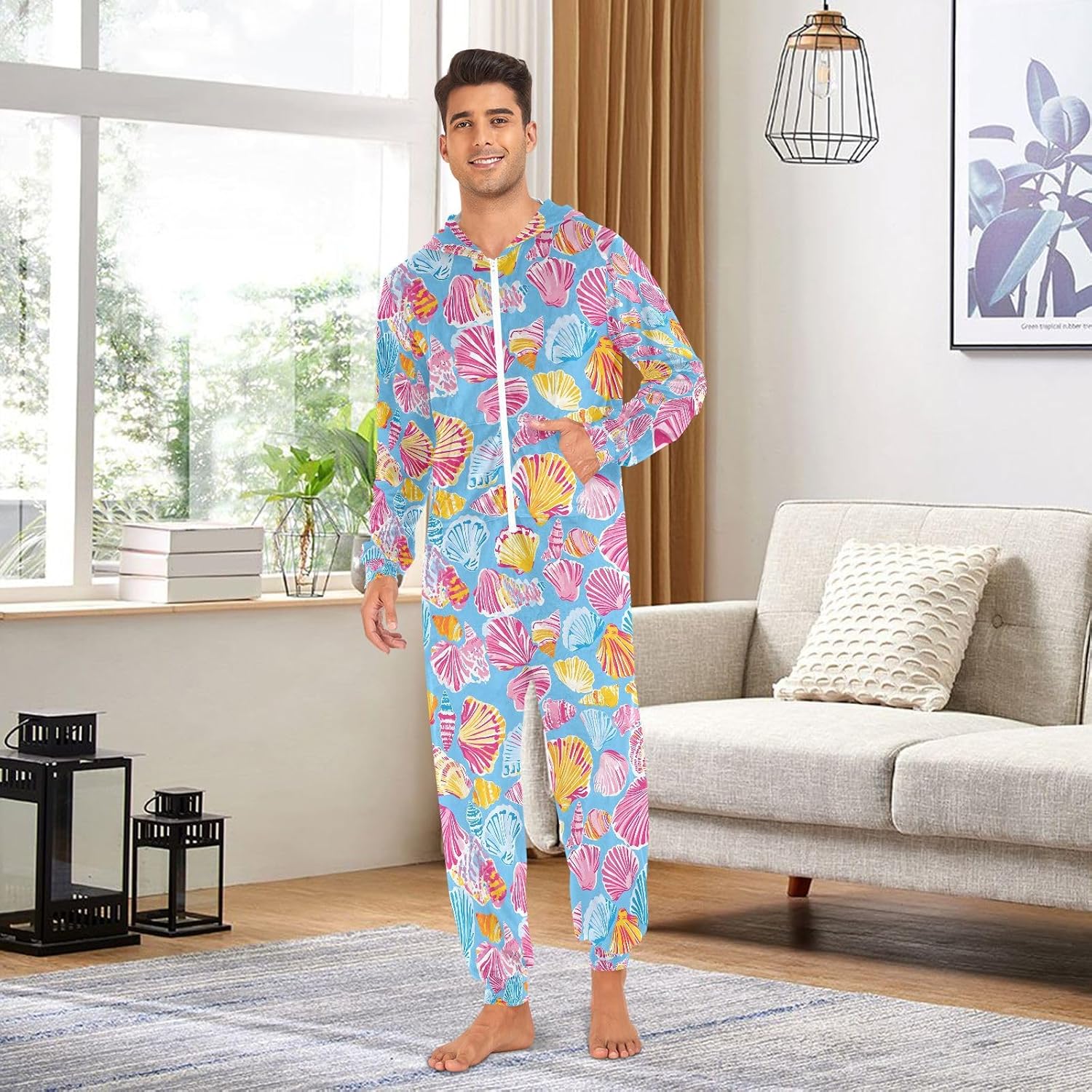Pink Yellow Seashelll Pattern Adult Onesie Pajamas Novelty One Piece Costume Sleepwear Jumpsuits Matching PJS