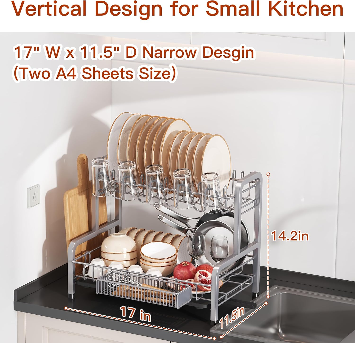 2 Tier Dish Drainers Drying Rack for Kitchen Counter Large Stainless Steel Dishes Drain with Drainboard, Space Saving, Big Modern Silver Countertop Metal Plates Dryer Strainer Holder and Extra Tray
