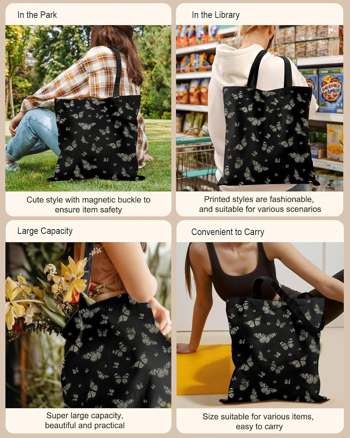Canvas Tote Bag for Women – Aesthetic Canvas Bag with Zipper Cute Stylish Reusable Shoulder Totes for Shopping Work Daily Vacation, Black Butterfly - Image 6