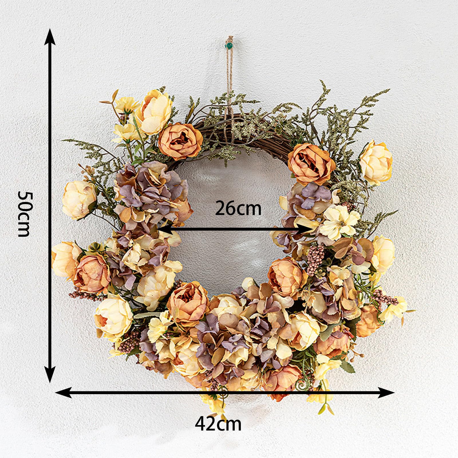 Türkranz Frühling/Herbst, 30cm Rose Kranz Fälschte Blumen Ganzjährig Verwendbar, Haustür Wand Deko Künstliche Pflanzen für Tür Hochzeit Heimdekoration (Orange Kaffee)