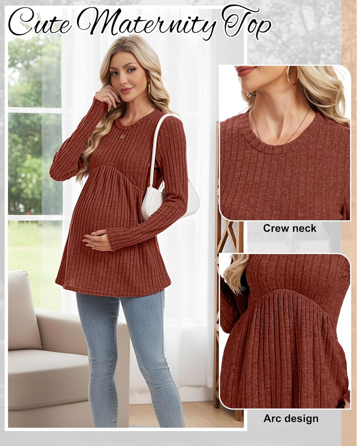 3 Pack Women's Maternity Shirts Ribbed Long Sleeve Pregnancy Tops Crew Neck Maternity Sweaters Pregnant Clothes - Image 7