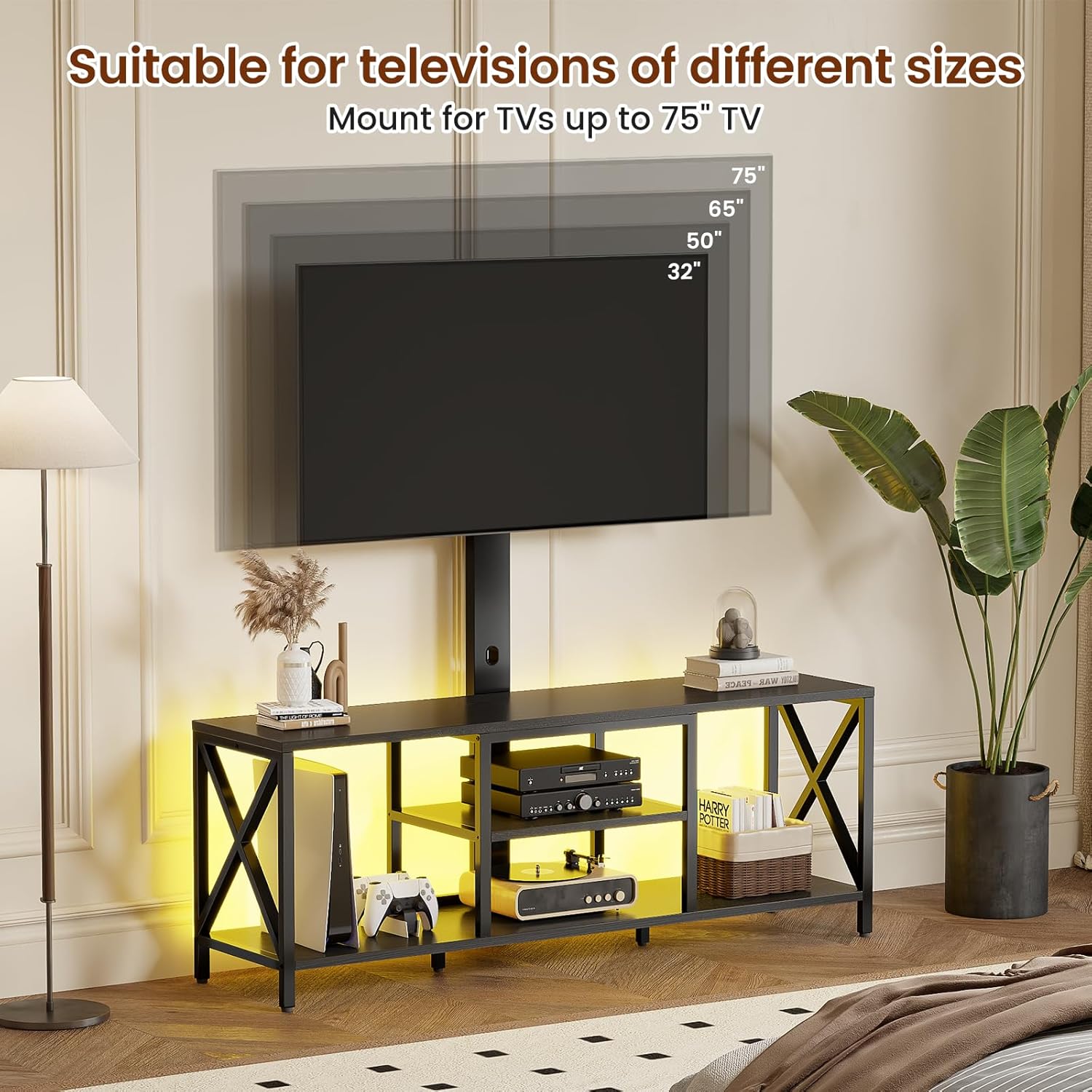 Flycity TV Stand with Mount and LED Lights, Universal TV Stand Mount for 32-75 inch TV, Entertainment Center with Storage, Metal TV Console Table Height Adjustable TV Stands for Living Room, Black