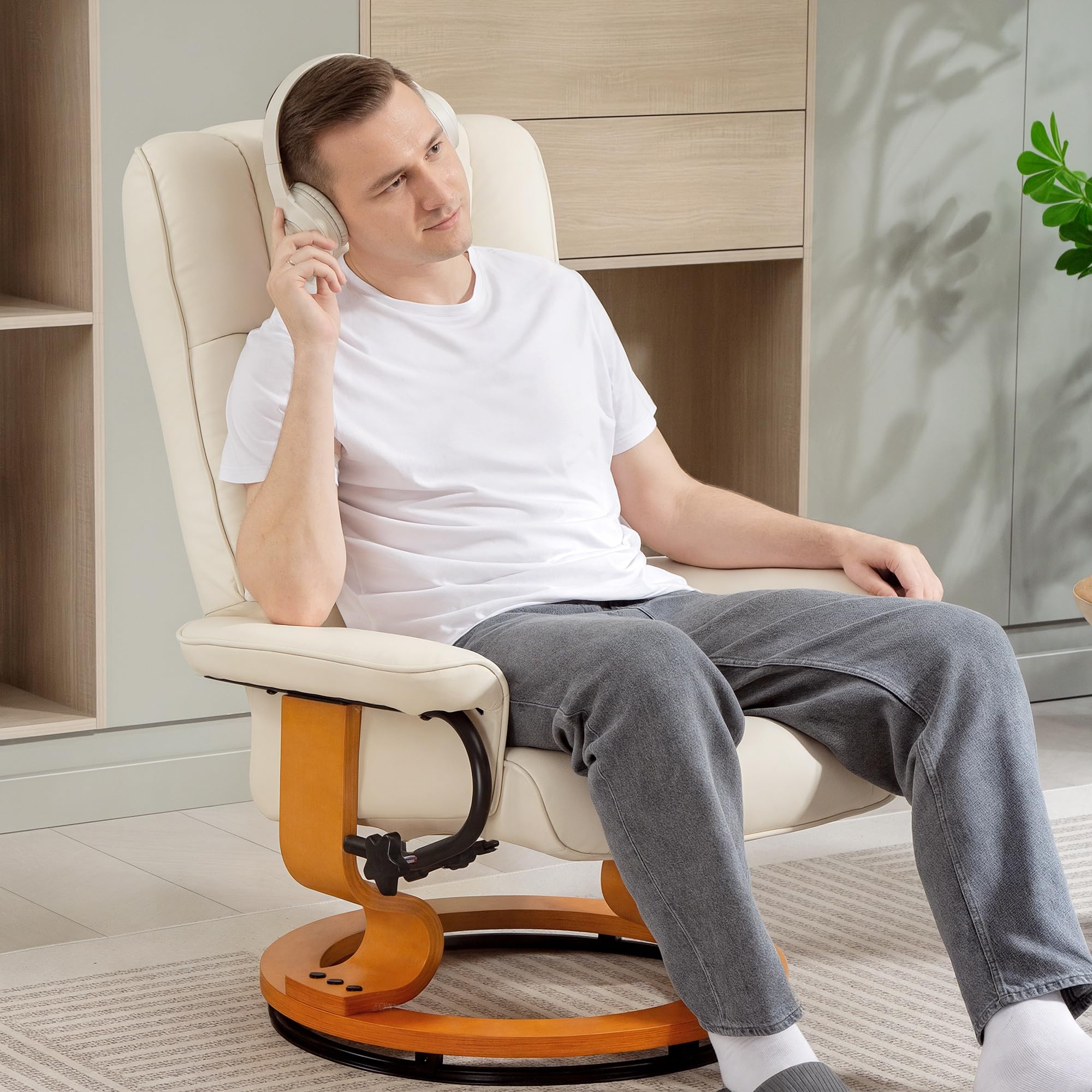 HOMCOM Fauteuil de Relaxation inclinable avec Repose-Pied Fauteuil Relax de Salon pivotant, Cadre en Bois revêtement synthétique 76 x 85 x 104 cm crème