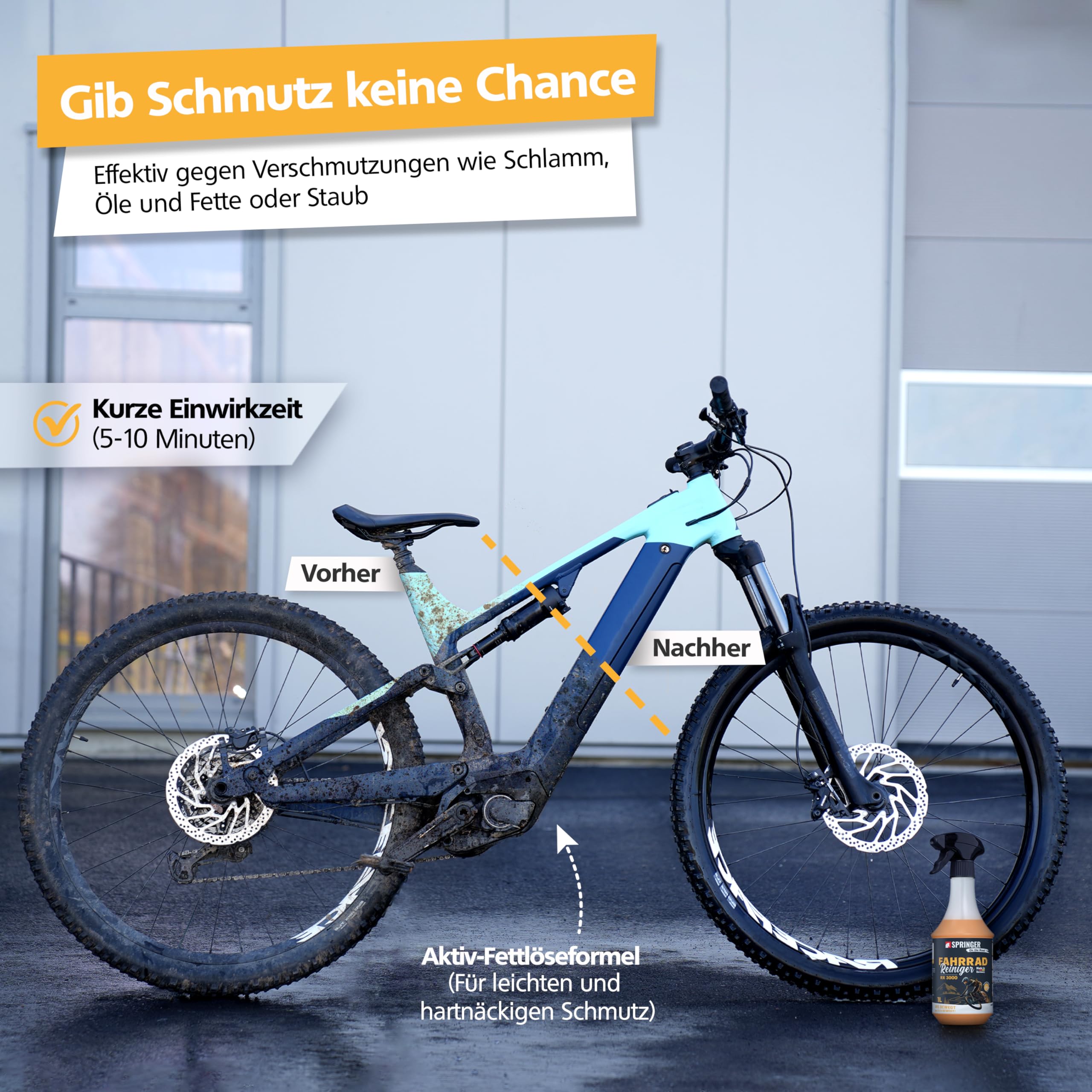 SPRINGER RX3000 – Detergente per bicicletta da 5 l – Detergente per bicicletta senza acidi & delicato sui materiali – Spray completo con formula gel ben adesiva – Cura ottimale della bicicletta di