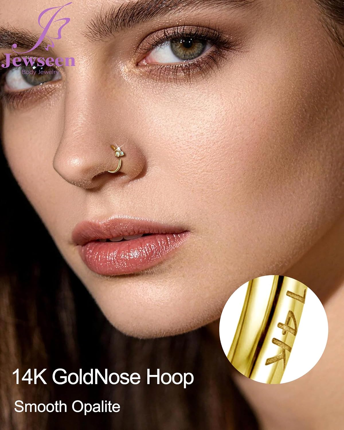 Jewseen 14k Solid Real Gold Nose Ring 3 Opal Nariz Body Screw 18G 10mm Bendable Hoop Hypoallergenic Fine Piercing Jewelry