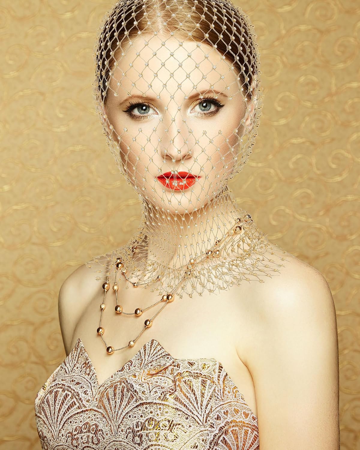 Zhanmai 2 Pack Halloween Crystal Mesh Body Chain with Fishnet Long Gloves Rhinestone Glitter Breathable Headwear for Women