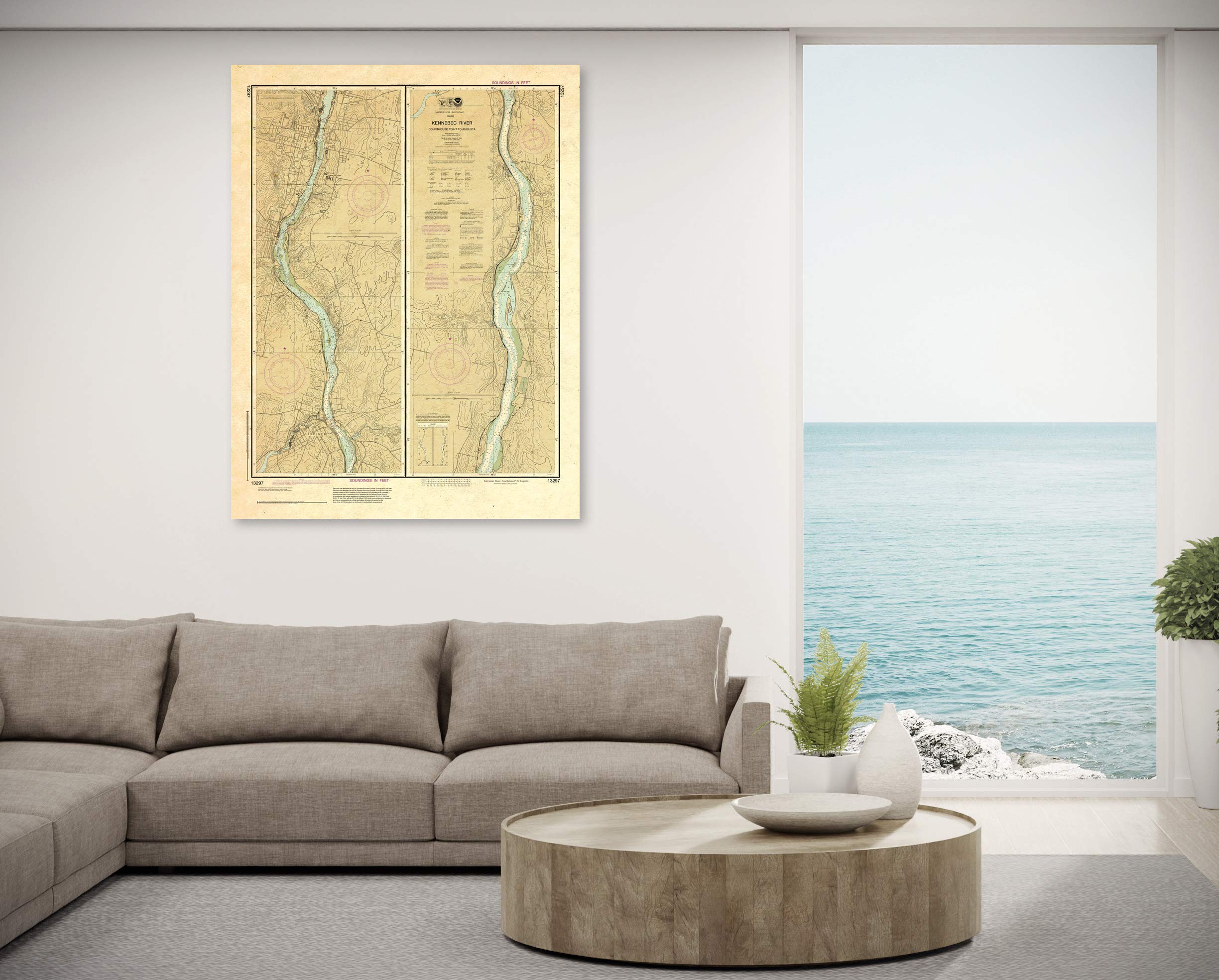 Paradise Cay Publications, Inc. Antiqued NOAA Chart 13297: Kennebec River Courthouse Point to Augusta