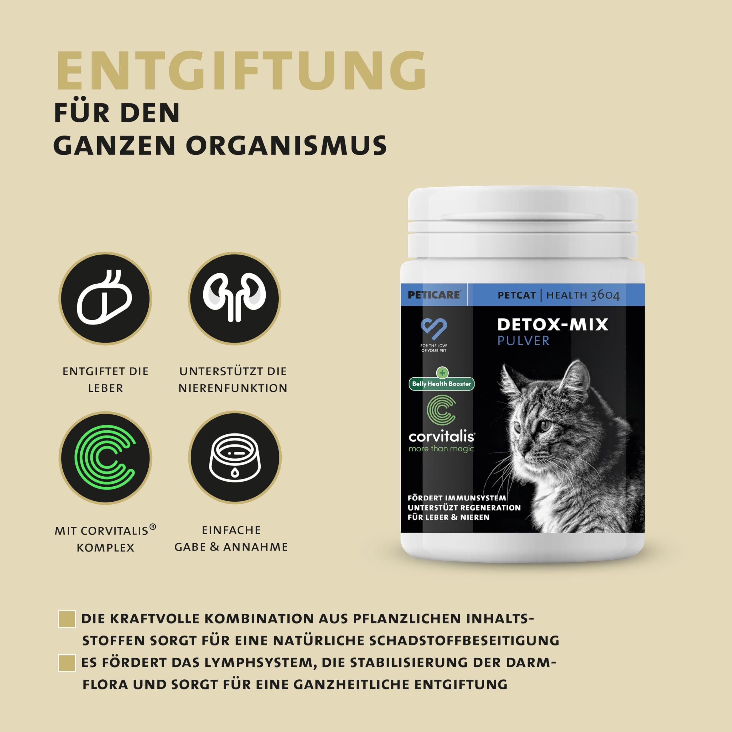Peticare Detox Entgiftung Pulver für Katzen | Reinigende Formel unterstützt Leber & Nieren, fördert Verdauung & Immunsystem | mit Mariendistel, MSM | natürliches Ergänzungsfutter | petCat Health 3604